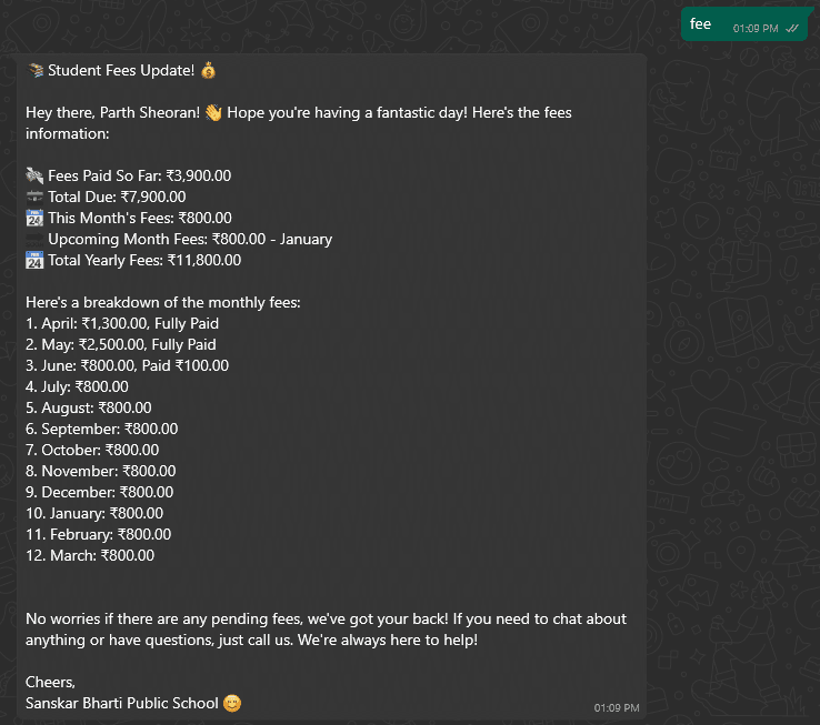 Students WhatsApp Bot Fee Command - View full school fees at glance