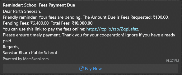 Students WhatsApp fee reminder notification - System generated fee reminder notification and option to pay online